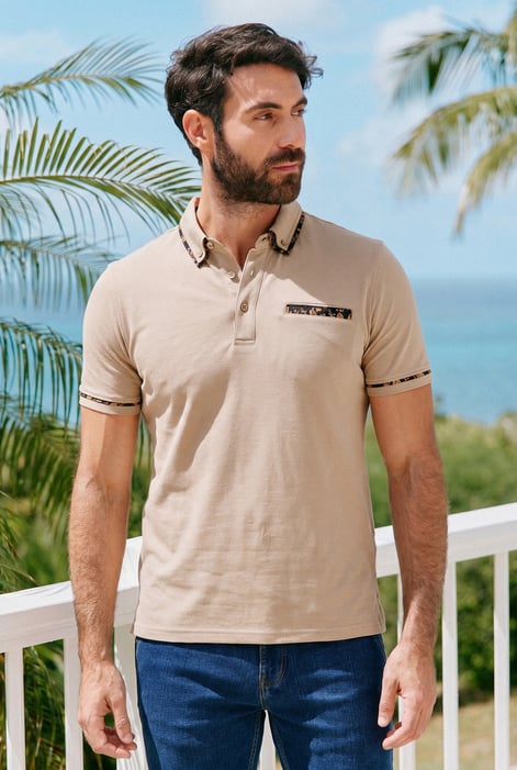 Beige Contrast Double layer collar Short Sleeves Polo Shirt