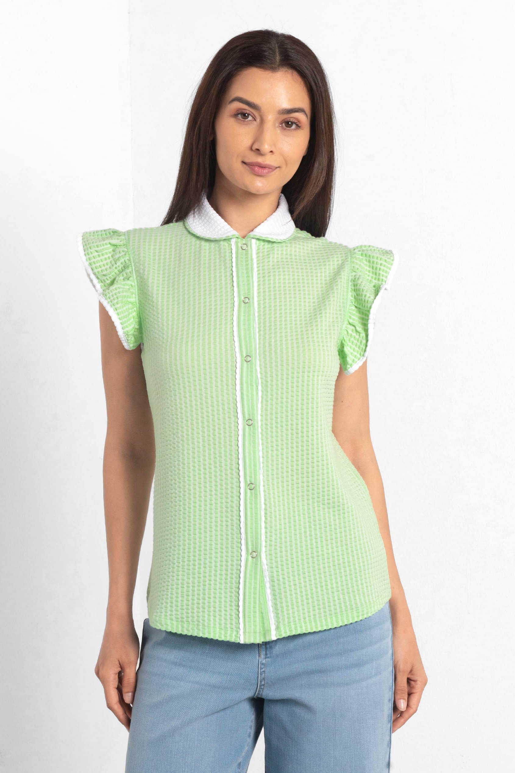 Womens Contrast Trimmed Flutter Sleeve Blouse