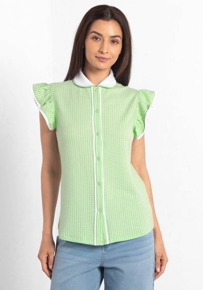 Womens Contrast Trimmed Flutter Sleeve Blouse