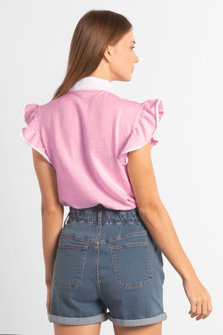 Womens Contrast Trimmed Flutter Sleeve Blouse