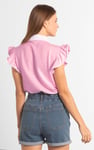 Womens Contrast Trimmed Flutter Sleeve Blouse