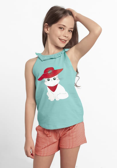 Girls Cat With Hat Tank Top (2/3yrs-8/9yrs)