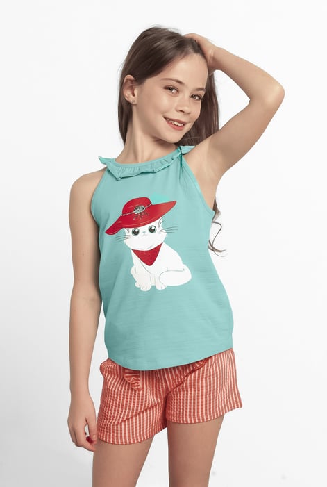 Girls Blue Cat With Hat Tank Top (2/3yrs-8/9yrs)