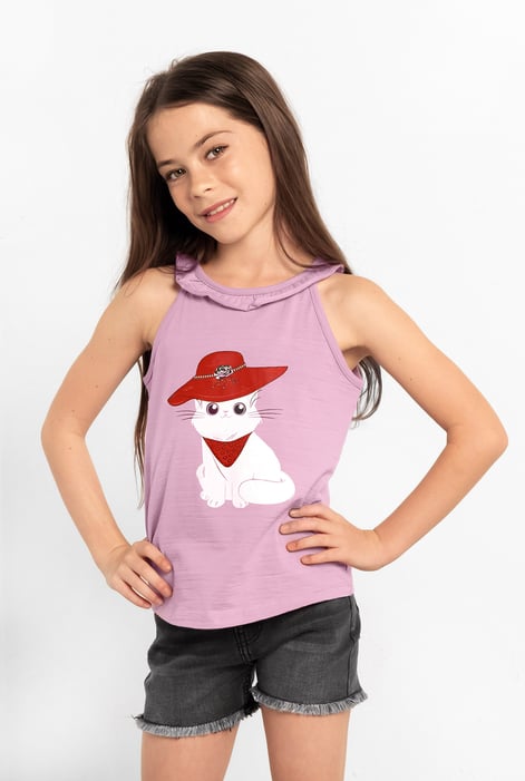 Girls Blue Cat With Hat Tank Top (2/3yrs-8/9yrs)