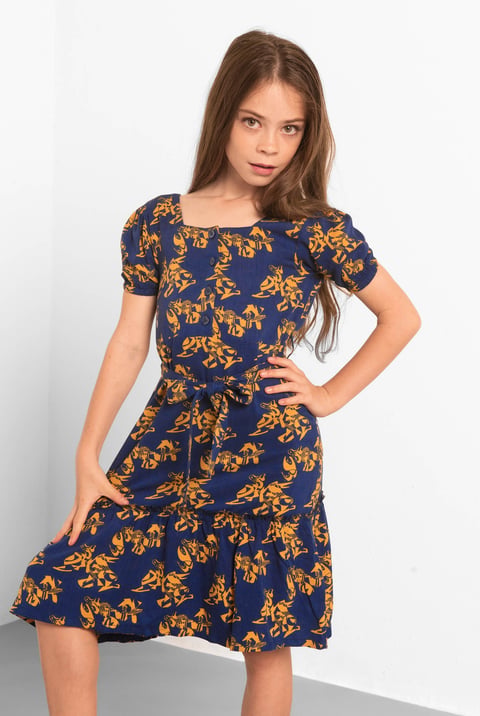 Blue Square Neck Tiered Puff Sleeve Dress