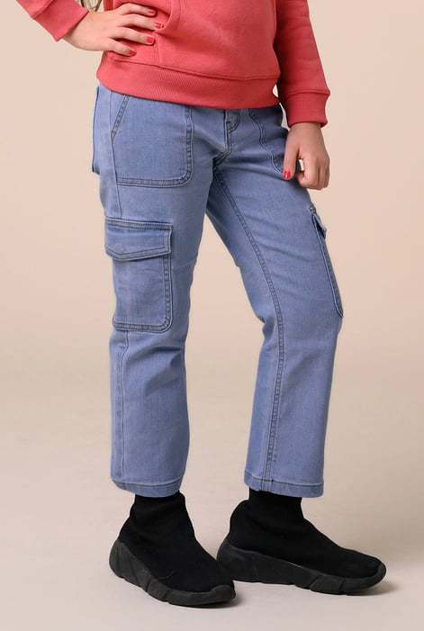 Girls Mid Blue Blue Denim Cargo Jeans