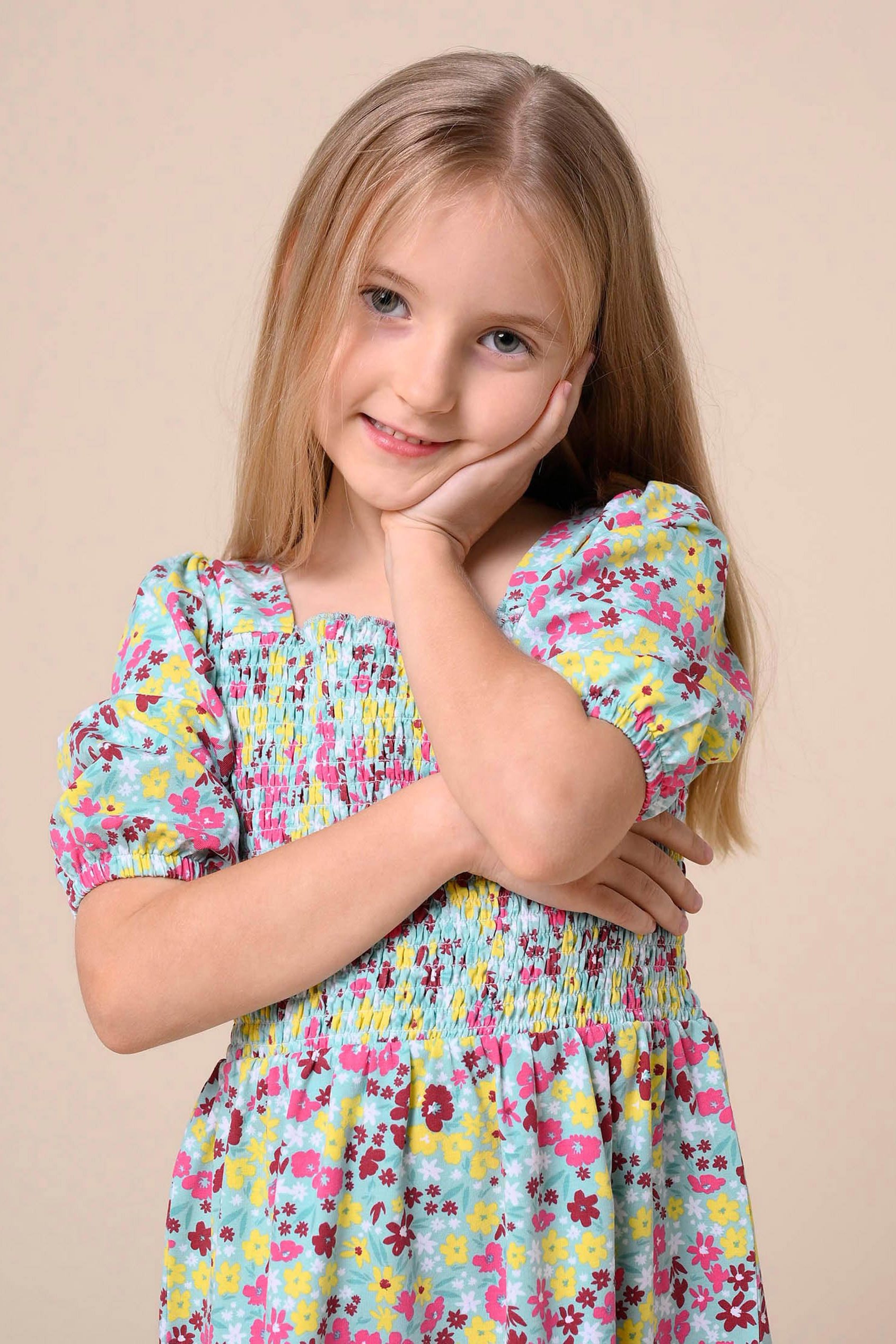 Girls Printed Smoky Tiered Dress ( 5yrs-11yrs)