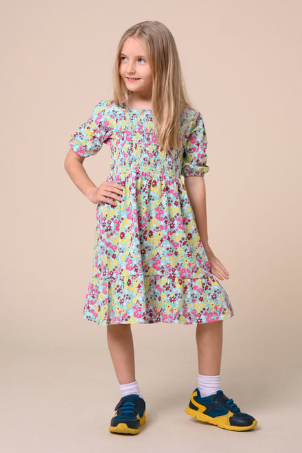 Girls Printed Smoky Tiered Dress ( 5yrs-11yrs)