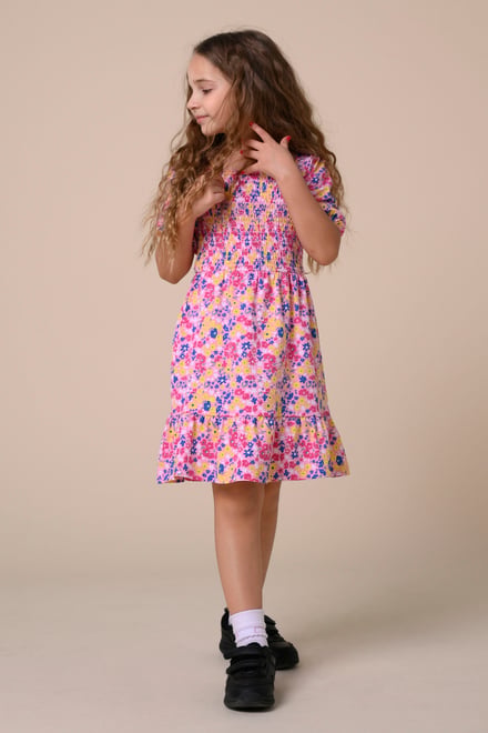 Girls Printed Smoky Tiered Dress ( 5yrs-11yrs)