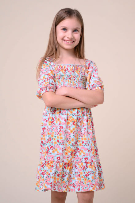 Girls Printed Smoky Tiered Dress ( 5yrs-11yrs)