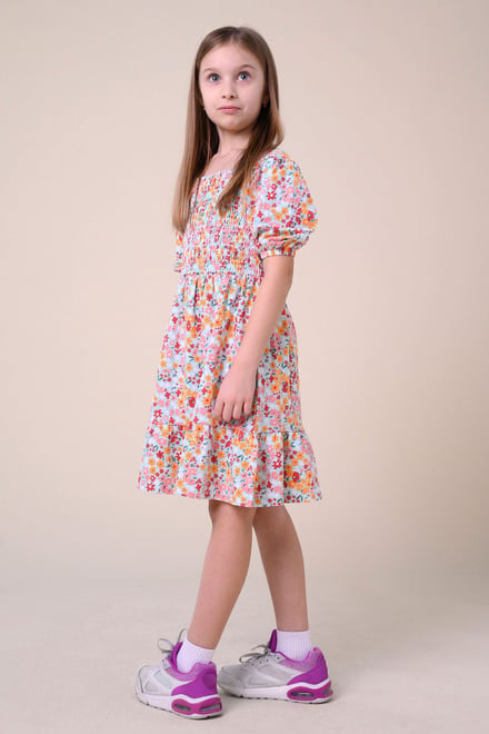 Girls Printed Smoky Tiered Dress ( 5yrs-11yrs)