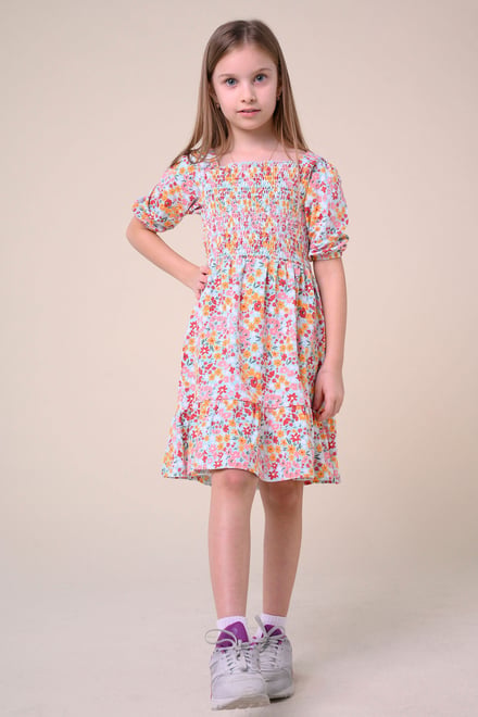 Girls Printed Smoky Tiered Dress ( 5yrs-11yrs)