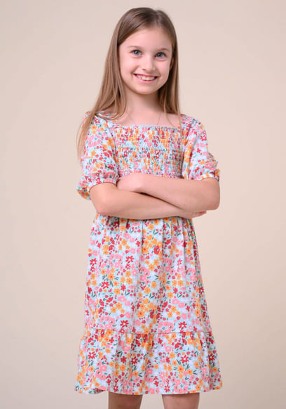 Girls Printed Smoky Tiered Dress ( 5yrs-11yrs)