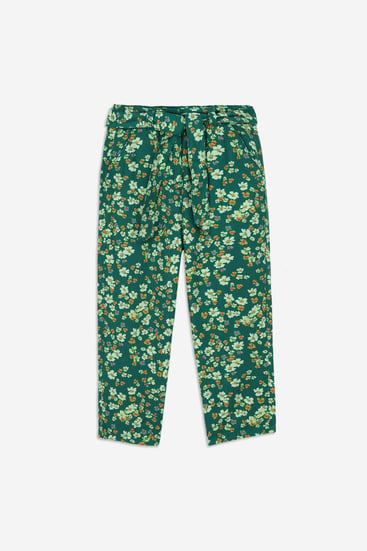 Green Floral Print Paper Bag Trouser
