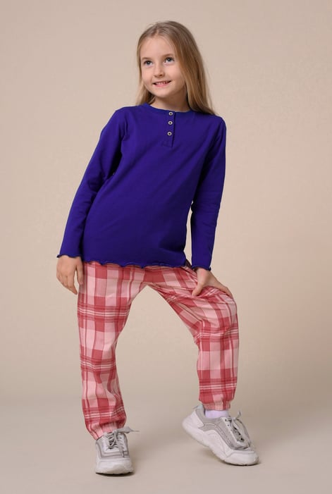Girls Cream Solid Top & Check Pyjama Set (2/3yrs-8/9yrs)
