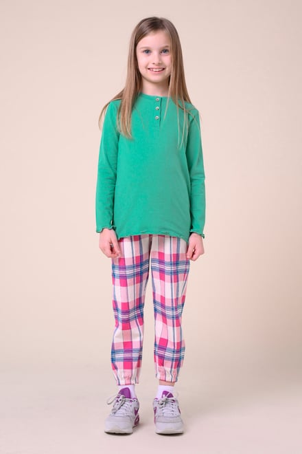 Girls Solid Top & Check Pyjama Set (2/3yrs-8/9yrs)