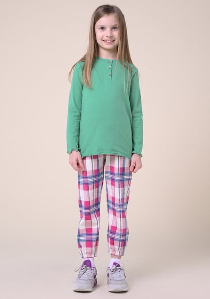 Girls Solid Top & Check Pyjama Set (2/3yrs-8/9yrs)