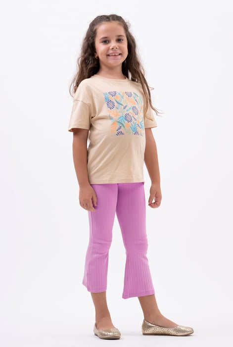 Girls Cream Texture Ribbed Flared Leggings