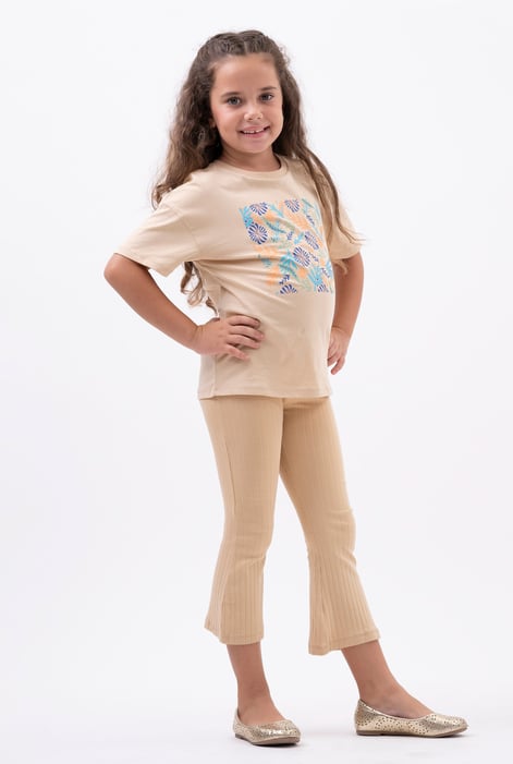 Girls Cream Texture Ribbed Flared Leggings