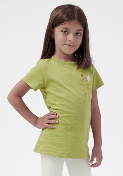 Girls Broderie Pocket With Embroidery T-Shirt