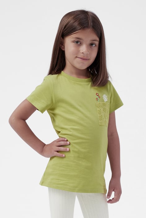 Girls Orange Broderie Pocket With Embroidery T-Shirt