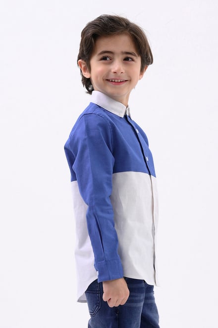 Boys LS Blue/White Colourblock Shirt (3-14yrs)