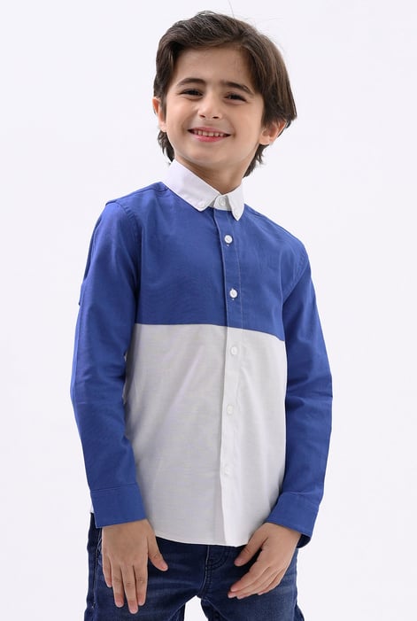 Boys Blue LS Blue/White Colourblock Shirt (3-14yrs)