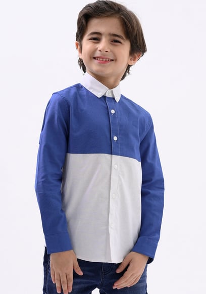Boys LS Blue/White Colourblock Shirt (3-14yrs)