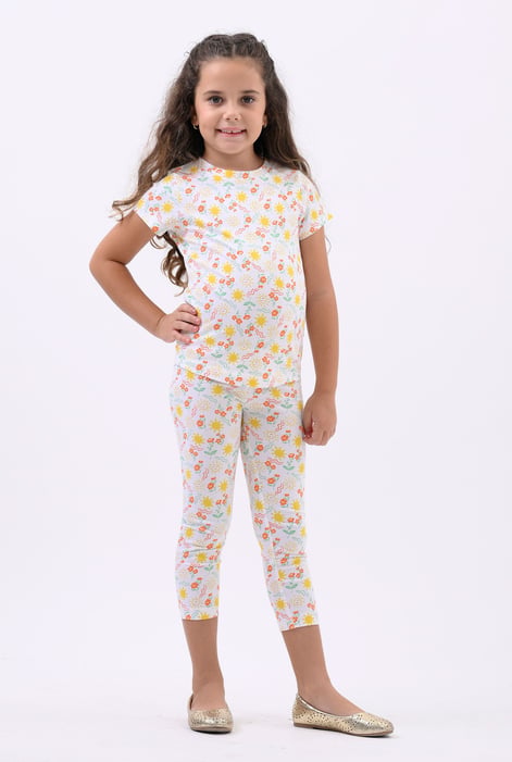 Girls White Graphic T-Shirt & Cropped Pyjama Sleep Set