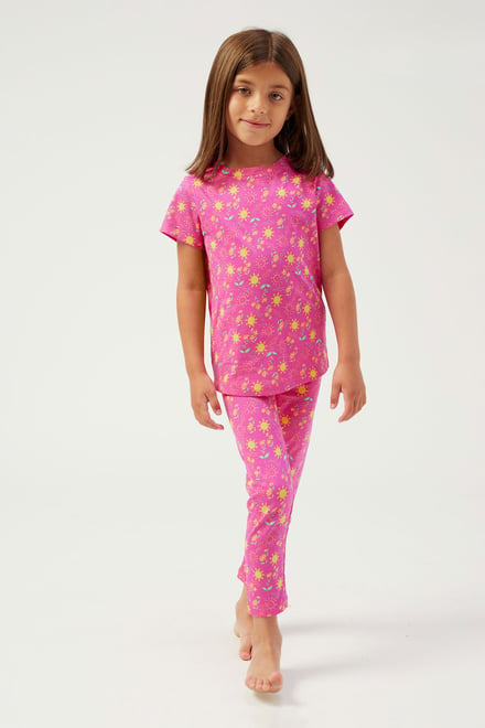 Girls Printed SS T-Shirt & Cropped Pyjama Set