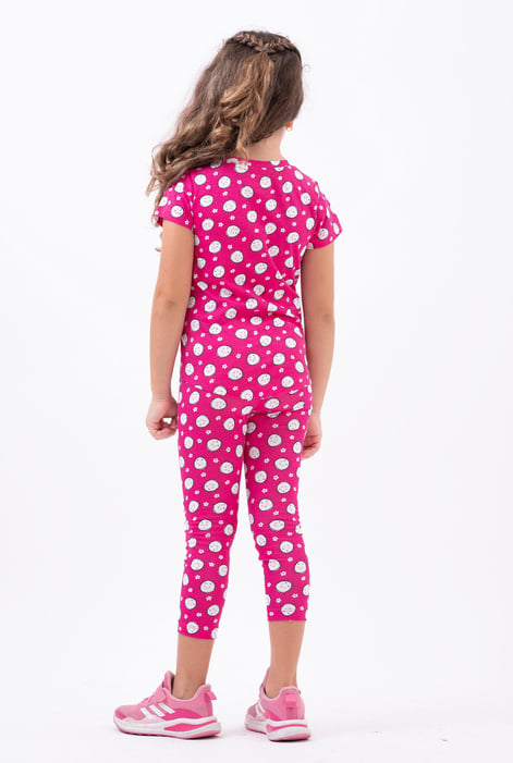 Red Printed Girls Pyjama Set with Short Sleeve T-Shirt