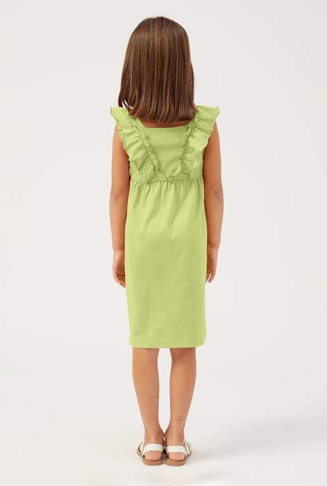 Girls Green Square Neck Ruffle Sleeve Dress