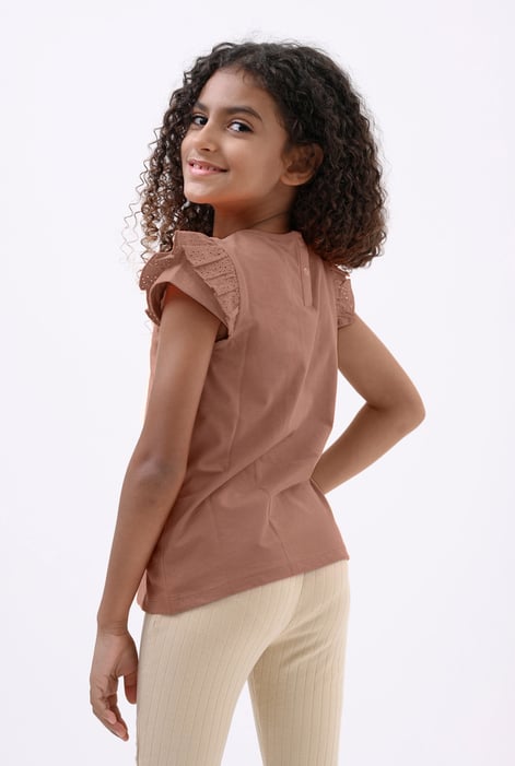 Girls Brown Top With Broderie Ruffle