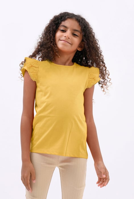 Girls Brown Top With Broderie Ruffle