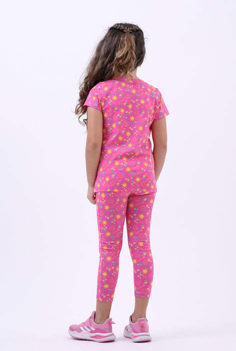 Girls Pink Sun Flower Print Pyjama Set