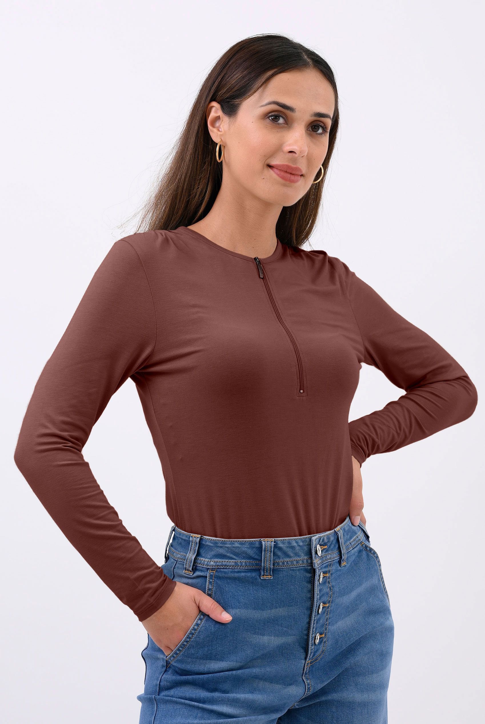 Enorsia Women's Brown Zip Front Crew Neck T-Shirt - Uk 8