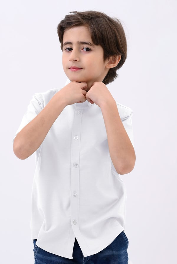 Boys White SS Stretch Oxford Shirt