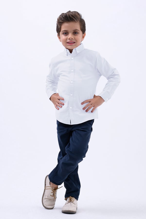 Boys White LS Stretch Oxford Shirt