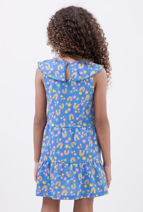 Girls Blue Ruffle Neck Jersey Dress