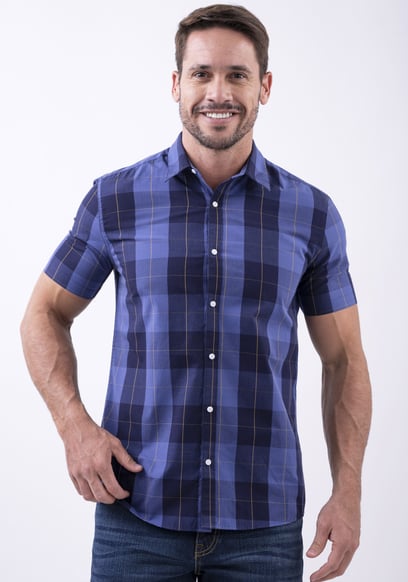 Yellow Blue Check Short Sleeve Casual Shirt