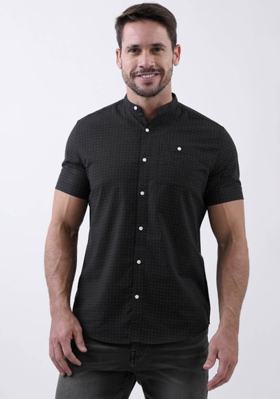Printed Grandad Collar Short Sleeve Shirt