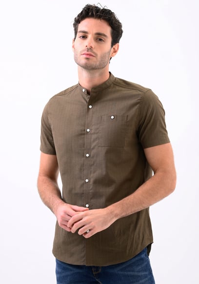 Men Grandad Collar Short Sleeve Shirt