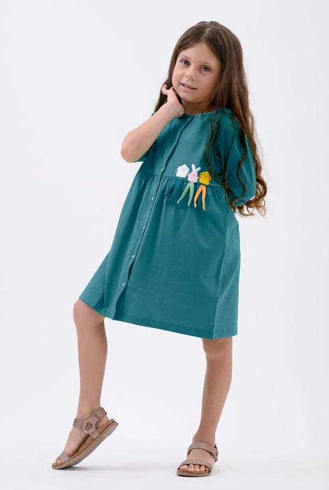 Girls Olive Little Rabbit Puff Sleeve Dress  (12/18mths-6/7yrs)