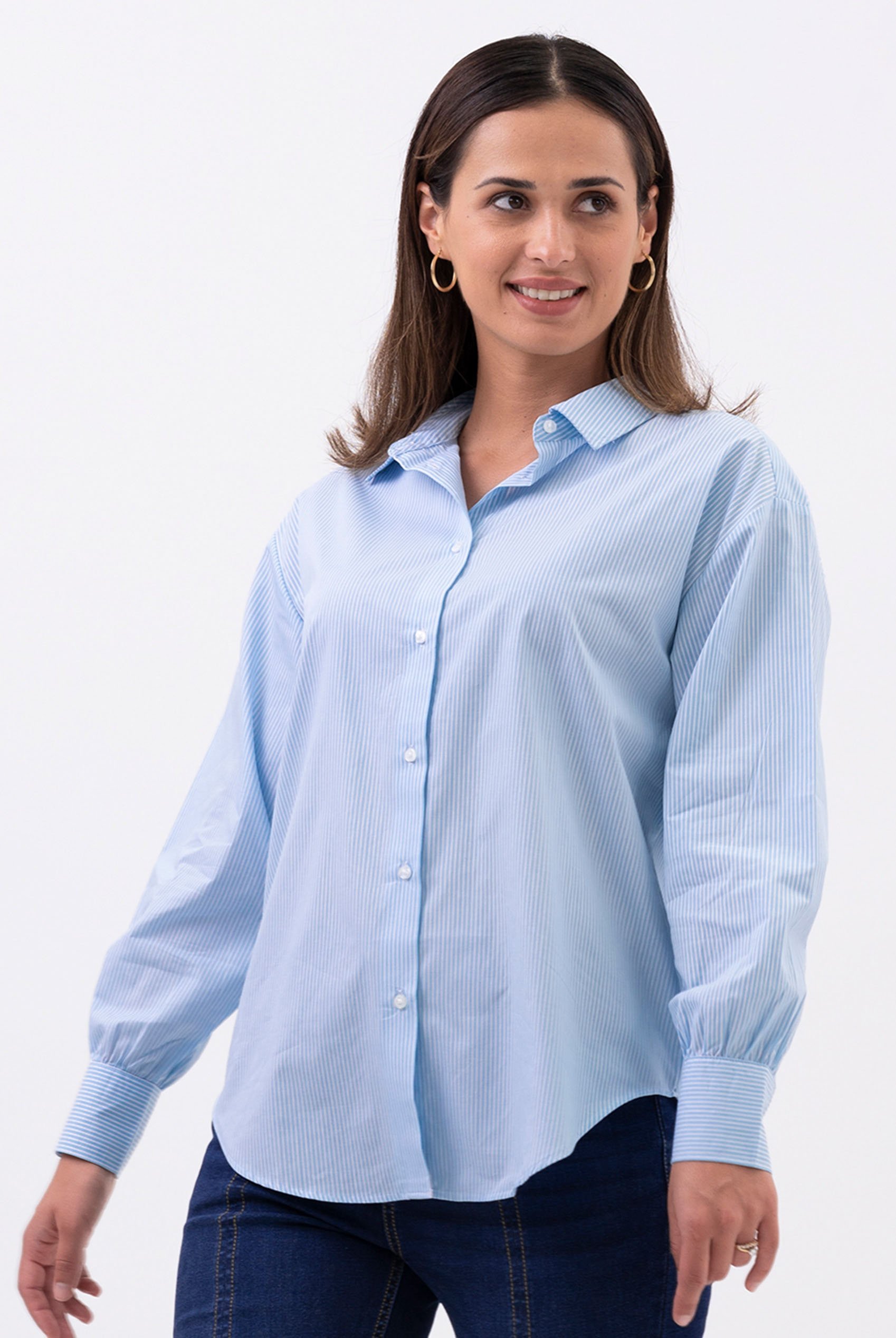 Enorsia Women's Blue Long Sleeve Stripe Poplin Shirt - Uk 8