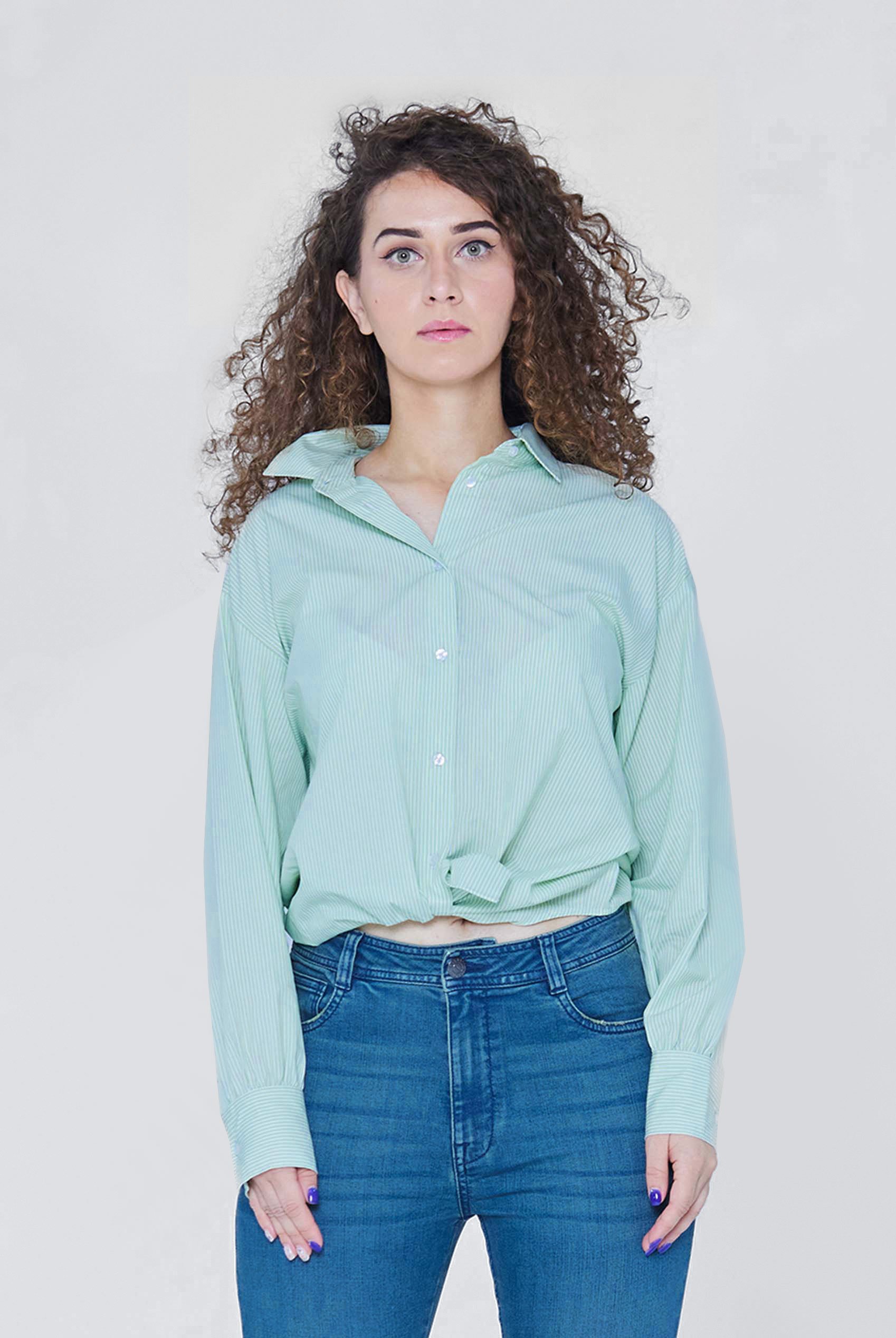 Enorsia Women's Green Long Sleeve Stripe Poplin Shirt - Uk 8