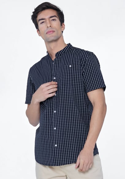 Men's Grandad Collar Check Short Sleeve Shirt