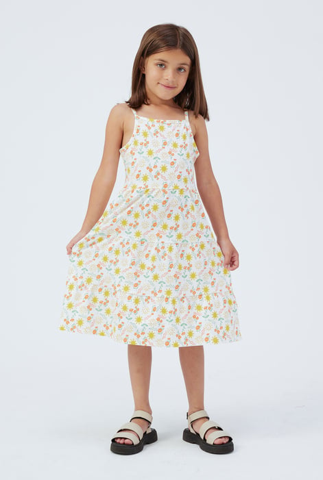 Girls White Printed Tiered Strappy Jersey Dress