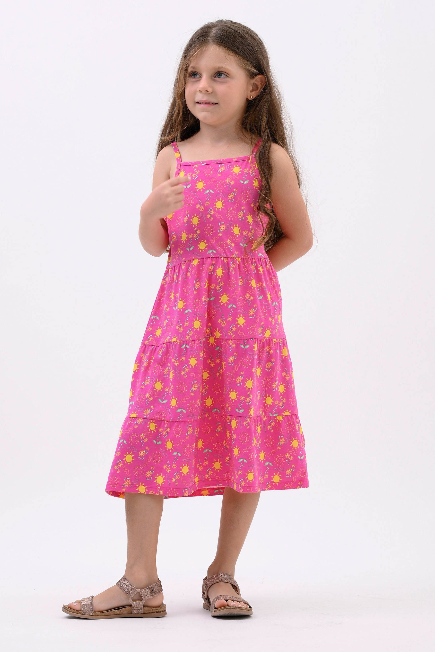 Girls Printed Tiered Strappy Jersey Dress
