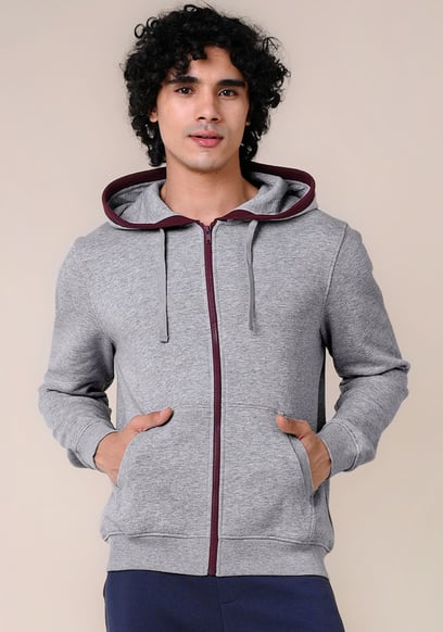 Contrast Piping Detail Zip Front Hoodie