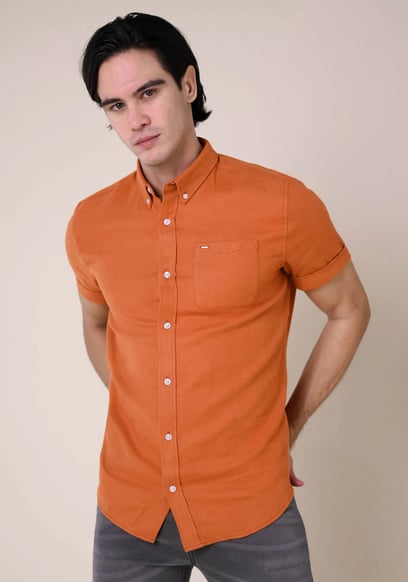 Mens Cotton Linen Roll-Up Sleeve Shirt